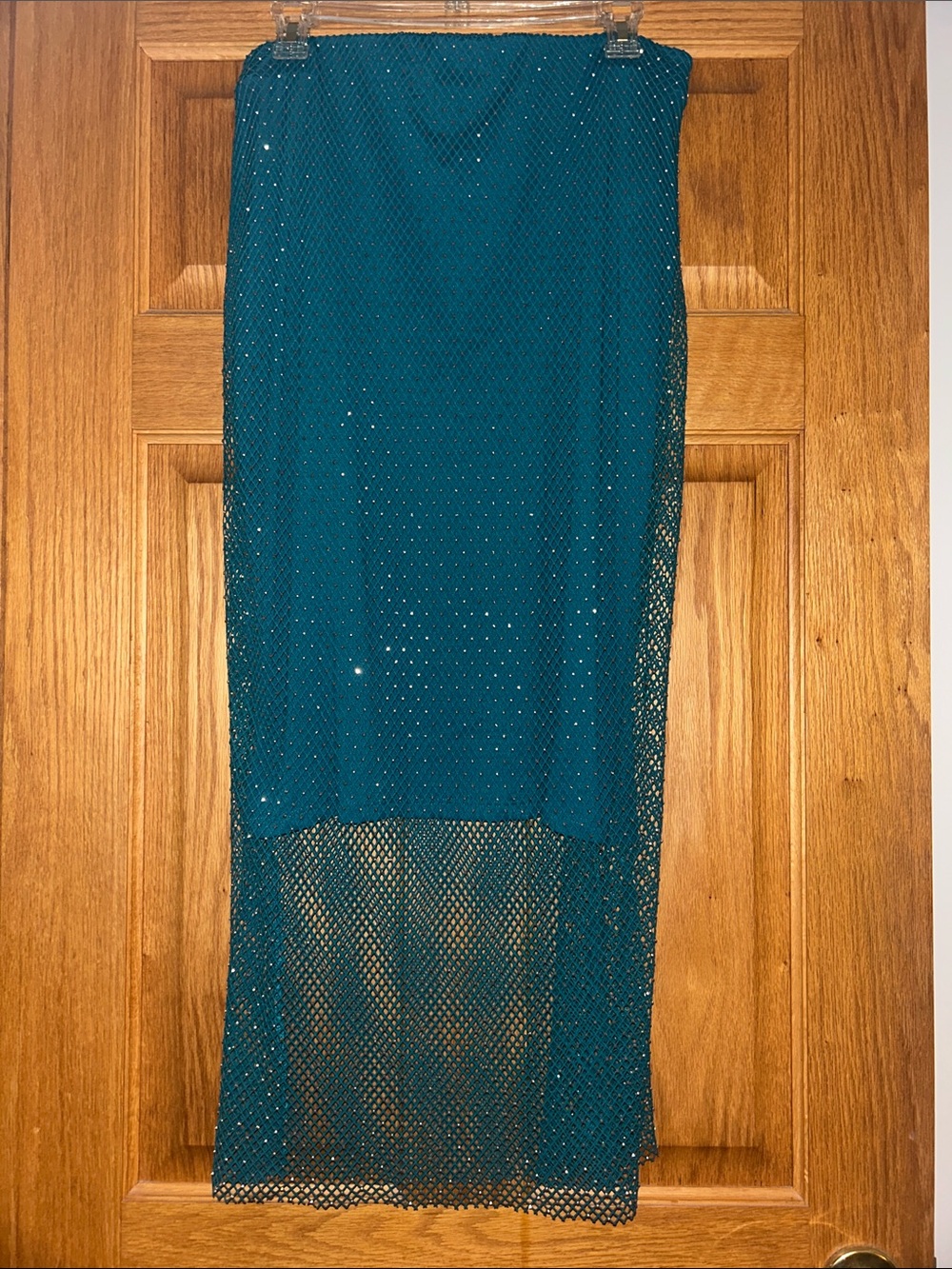 Sincerely Jules Midi Gem Sparkly Fishnet Overlay Skirt in Teal | Size Large